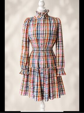 Hunter Bell New York Plaid Ruffle Mini Dress XS | Smocked Waist | Puff Sleeves